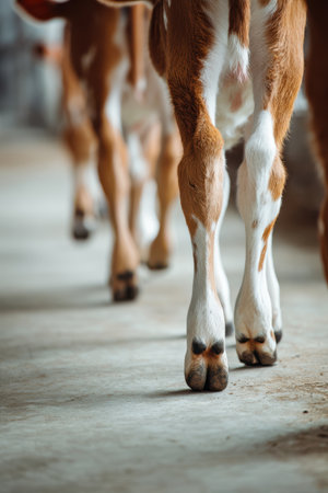 Calves move steadily across a spotless floor, their well-defined legs and ankles highlighted in the soft light. The scene evokes a sense of tranquility and vitality in a barn setting.の素材