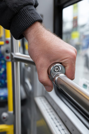 A close-up view captures a hand gripping the ramp lever on public transport, aiding in accessibility during a hectic urban journey. The atmosphere buzzes with the everyday commute.の素材