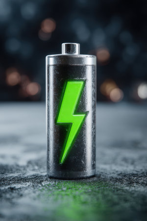 Close-up of a metallic battery cell with a green lightning bolt, symbolizing sustainable energy in a studio, highlighting eco-technology and efficiency.の素材
