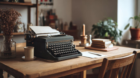 In a charming home workspace, an antique typewriter sits on a wooden desk surrounded by blank sheets, a soft candle flame, and books, creating an inviting and inspiring writing nook.の素材
