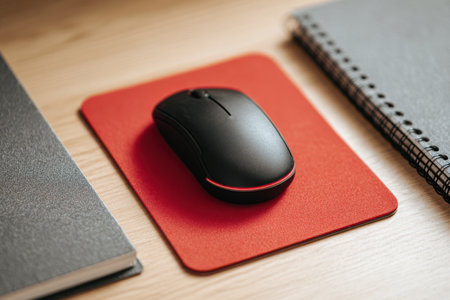 A peaceful workspace setup invites focus, showcasing a black mouse resting on a red mouse pad next to a notebook, perfect for moments of creativity and concentration.の素材