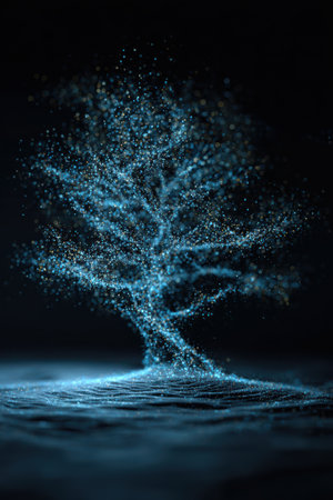A stunning display of light particles weaves together to create a glowing tree emerging from a smooth surface. This macro representation reflects the harmony between technology and nature.の素材