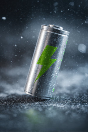 A macro depiction of a battery cell prominently featuring a green lightning bolt symbol captures the essence of eco-tech. Set in a studio, the image evokes themes of sustainability and innovation.の素材