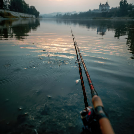 A fishing rod rests at the river's edge, casting soft shadows on the calm water's surface. Morning light creates a peaceful ambiance, with faint ripples subtly disturbing the stillness.の素材
