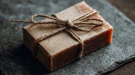 A rustic soap bar, elegantly wrapped in brown paper and tied with twine, is placed gently on a dark stone surface. Its minimal design reflects a commitment to zero waste living and simplicity.の素材