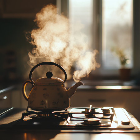 A steaming kettle sits on a sleek modern stove, exuding warmth and comfort as beams of afternoon light dance with shadows. The cozy kitchen invites peaceful moments.の素材