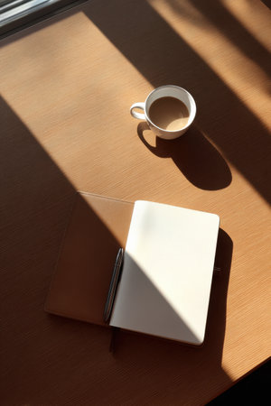 High-angle view captures a minimalistic desk featuring a notebook and a cup. Sunlight streams in, casting elongated shadows that evoke a sense of clarity and focus ideal for business work.の素材
