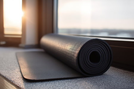 A rolled yoga mat rests beside a window, inviting mindfulness and tranquility. Soft daylight spills in, creating a peaceful atmosphere perfect for relaxation and wellness.の素材