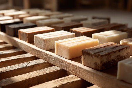 Rows of handcrafted soap bars rest on a rustic wooden rack, perfectly spaced to allow air circulation. Soft natural light illuminates their distinct textures and colors in a tranquil setting.の素材