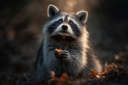 Captivated by its surroundings, a curious raccoon clutches food with wide, expressive eyes. Set against a backdrop of autumn leaves, soft, dramatic light enhances the moment's beauty.の素材