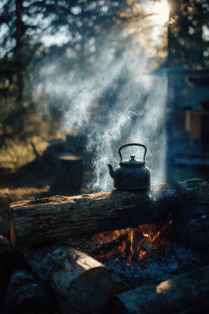 Glowing embers provide warmth as early morning light filters through the rising smoke of a campfire. A kettle sits on a log, evoking a sense of peace and tranquility in the wilderness.の素材