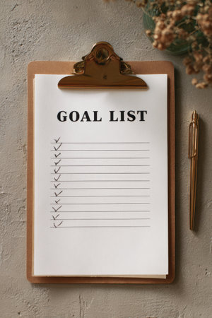 A clipboard showcases a neatly written goal list against a neutral backdrop, symbolizing the importance of setting clear objectives. A golden pen lies nearby, inviting action.の素材