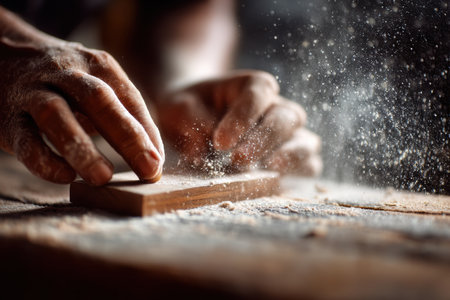 Hands skillfully sand the surface of a small wooden toy, as fine dust dances in the air. Soft shadows play across the clean workbench, highlighting the craftsmanship.の素材