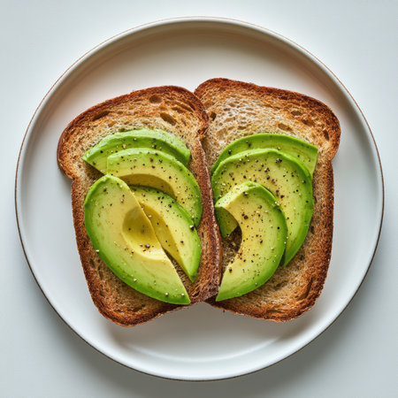 Golden-brown toasted bread serves as the perfect base for vibrant avocado slices. Each piece is seasoned, creating a simple yet delightful dish set against a stark white plate.の素材