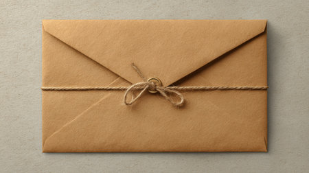 An overhead view presents a brown kraft envelope elegantly sealed with natural twine, resting on a clean, minimalist surface that accentuates its rustic charm and simplicity.の素材