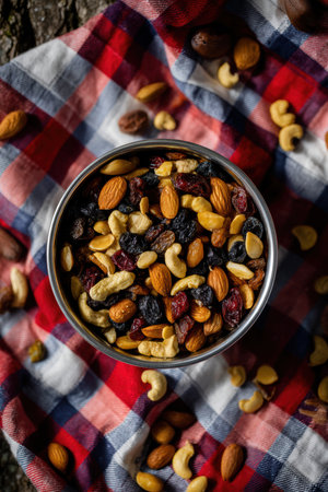 A metal bowl filled with colorful trail mix featuring nuts and dried fruits rests on a vibrant picnic cloth. Natural light enhances the inviting atmosphere, ideal for enjoying the great outdoors.の素材