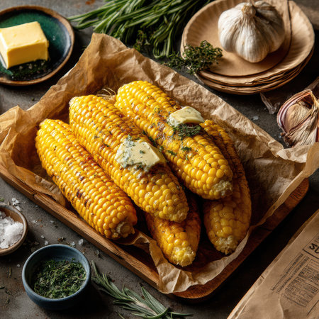 Delicious corn on the cob is grilled to perfection, topped with creamy butter and fresh herbs. The enticing aroma mingles with laughter during a sunny gathering, creating a delightful atmosphere.の素材