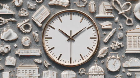 Clock hands point to the passage of time, surrounded by intricate school icons, symbolizing the blend of time and education. This macro realism captures the essence of learning and growth.の素材