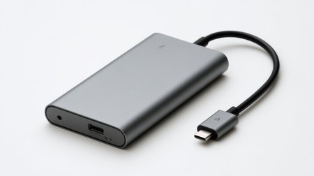 This minimalist setup features a sleek external SSD with a USB-C port, emphasizing contemporary design and practicality. A perfect fit for tech enthusiasts seeking reliability and speed.の素材