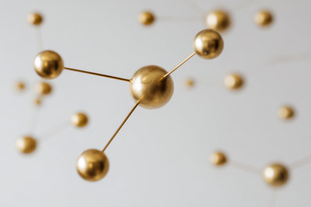 Suspended brass spheres elegantly dance in the air, creating a captivating arrangement against a pale wall. The shallow depth of field highlights their streamlined forms and artistic allure.の素材
