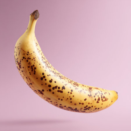 Banana with a burst of natural spots rests against a soft pastel background, highlighting its vibrant yellow hue and organic beauty, creating an alluring focal point for culinary inspiration.の素材
