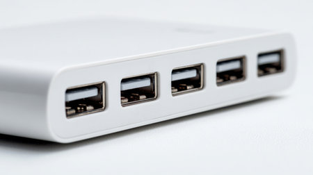 A macro view showcases a high-speed USB hub with multiple ports, highlighting the sleek design and connectivity options against a clean, white backdrop. Ideal for modern tech setups.の素材