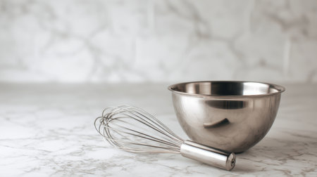 A beautifully crafted whisk rests beside a shiny mixing bowl, inviting culinary creativity in a bright, spacious kitchen filled with soft natural light on a polished marble countertop.の素材