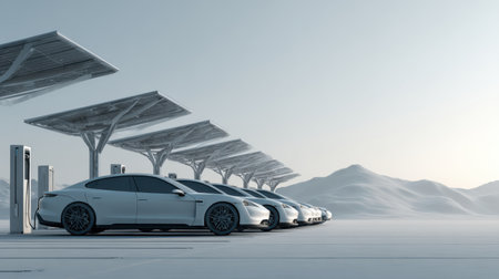 A row of electric vehicles stands parked at an innovative solar charging station, showcasing a modern, minimalist design. The bright daylight enhances the futuristic appeal of the scene.の素材