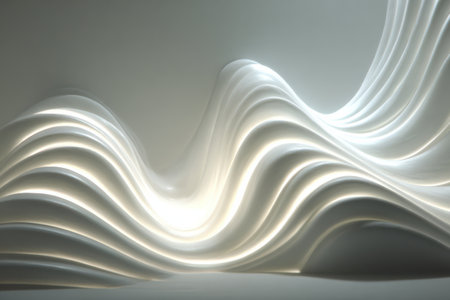 Flowing soft shadows ripple over a smooth matte wall in a tranquil space. The delicate curves and backlighting evoke a calm and serene atmosphere, inviting contemplation.の素材