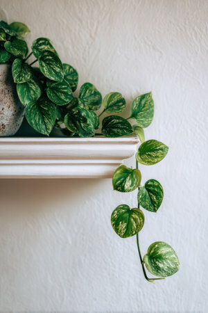Lush pothos leaves cascade elegantly from a wooden shelf, creating a vibrant contrast against the clean white wall. This indoor greenery brings a refreshing touch to the space.の素材