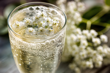 Close-up capture of sparkling elderflower soda in a glass, bubbles rising to the surface, accompanied by beautiful elderflower blossoms for a refreshing spring moment.の素材