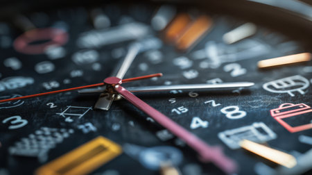 Clock hands are layered with various educational icons, showcasing the concept of time in relation to learning.の素材