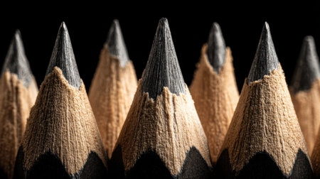In a striking arrangement, several sharpened pencil tips converge to create a unique star shape against a dark background, symbolizing creativity and the pursuit of knowledge in education.の素材
