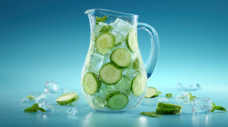 A stunning glass pitcher filled with chilled cucumber water showcases floating cucumber slices and ice cubes. Ideal for a rejuvenating spa experience or a sunny afternoon refreshment.の素材