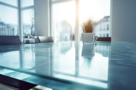 Sunlight streams through the window, casting soft reflections on the polished glass table in a minimalist room. The serene decor emphasizes spaciousness and tranquility, ideal for relaxation.の素材