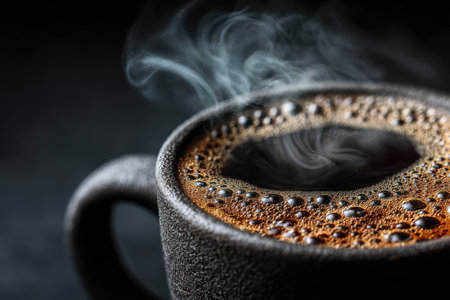 Rich black coffee brews in a textured cup, emitting delicate tendrils of steam that dance into the air, evoking warmth and comfort perfect for a quiet morning moment in a tranquil setting.の素材