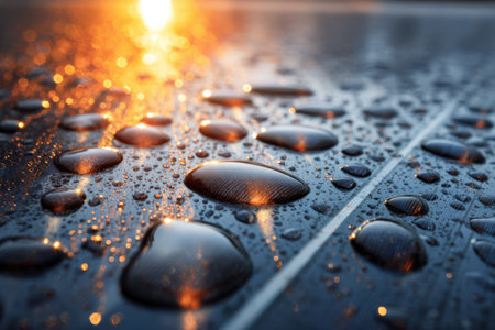 Early morning light glimmers on a solar panel surface adorned with droplets of dew. The unique texture reveals nature's blend of technology and beauty, highlighting a moment of serenity.の素材