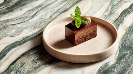 A beautifully crafted chocolate mousse, elegantly plated on a simple dish, features a fresh mint leaf atop, all set on a stunning marble surface that enhances its appeal.の素材