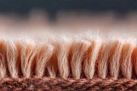 Close-up view reveals the delicate fringe of a blanket made from natural fibers, highlighting the softness and intricate textures that invite comfort and coziness into any space.の素材