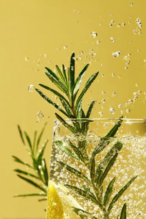 A delightful glass of cold sparkling lemonade showcases a vibrant rosemary sprig, surrounded by playful droplets that catch the light against a subtle yellow background.の素材