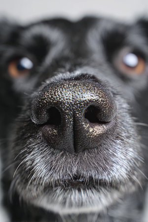 Exploring the intricate details of a dog's nose, this captivating close-up highlights the wet texture and unique patterns.の素材