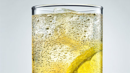 Tall glass filled with sparkling lemon soda showcases bright bubbles rising to the surface, emphasizing the drink's refreshing qualities in a minimalist setting.の素材