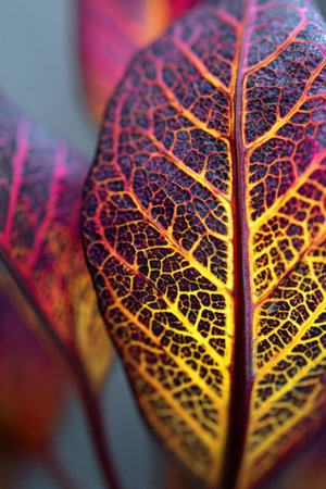 The close view reveals a croton plant leaf, showcasing a mesmerizing pattern of veins and vivid colors. The interplay of reds, oranges, and yellows highlights nature's artistry in incredible detail.の素材