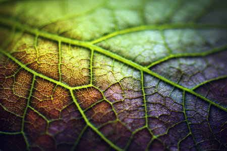 Exploring the intricate world of a plant leaf, delicate veins interweave in a stunning display of natural artistry and vibrant colors, emphasizing the beauty of organic forms in close-up.の素材