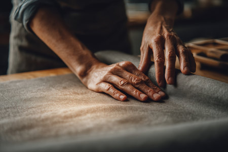 Hands gently smooth out a beeswax wrap against a textured surface, showcasing a mindful approach to sustainable crafting in a warm, inviting environment filled with neutral colors.の素材