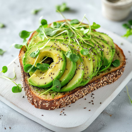 Savor the vibrant layers of creamy avocado artfully arranged on whole grain bread, garnished with zesty microgreens for a wholesome breakfast option, ideal for nutritious eating.の素材
