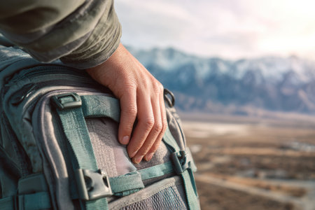 A hand gently rests on the strap of a travel backpack, set against a breathtaking mountain range. The warm glow of natural light enhances the serene atmosphere of adventure and exploration.の素材