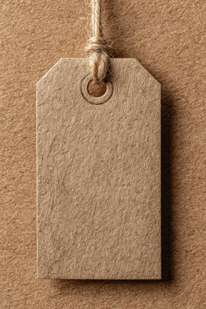A textured recycled paper tag hangs delicately by a string against a warm kraft background. The natural fibers and embossed surface highlight sustainable materials and minimalistic elegance.の素材
