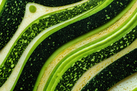 Delve into the captivating patterns formed by a sliced zucchini, showcasing a vibrant mix of greens and whites. This abstract representation celebrates the organic beauty of nature's design.の素材