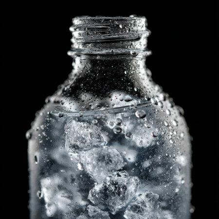 Close-up view of a transparent bottle filled with refreshing cold water, showcasing ice crystals and condensation beads.の素材